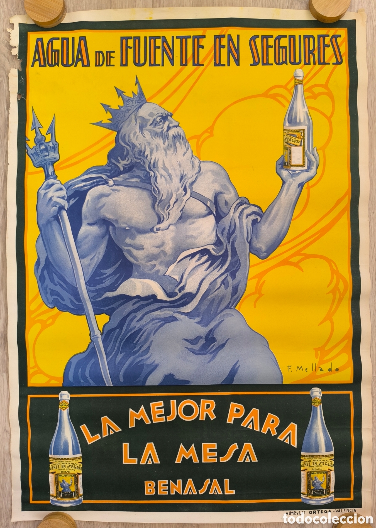 Carteles Publicitarios: CARTEL PUBLICIDAD AGUA DE FUENTE EN SEGURES BENASAL CASTELLON F. MELLADO A&Ntilde;OS 30 40 LITOGRAFIA CPU3