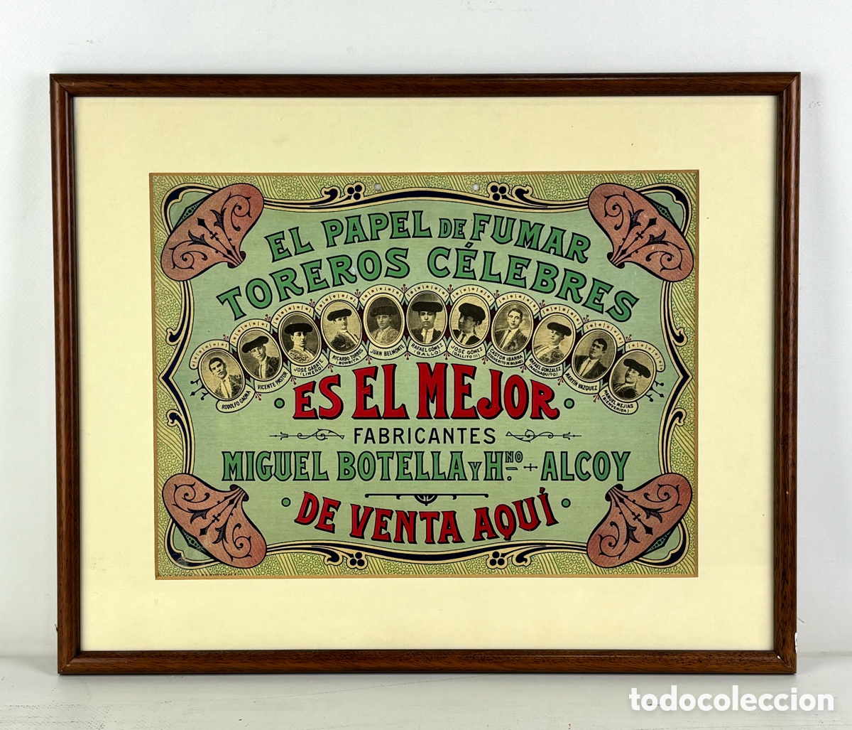 Carteles Publicitarios: CARTEL MODERNISTA PAPEL DE FUMAR TOREROS C&Eacute;LEBRES - MIGUEL BOTELLA, ALCOY - ENMARCADO