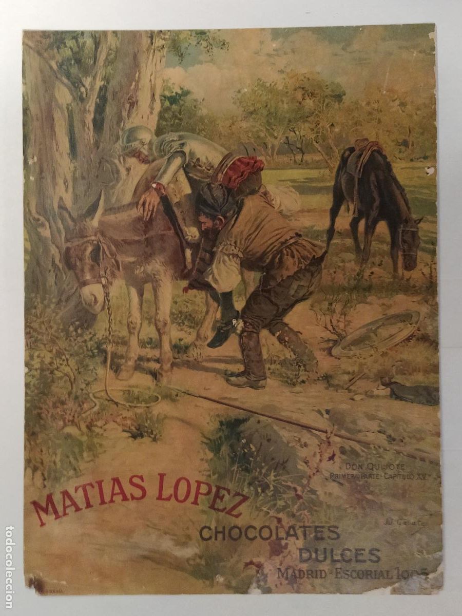 Carteles Publicitarios: DON QUIJOTE DE LA MANCHA - MATIAS LOPEZ CHOCOLATES Y DULCES - MADRID ESCORIAL 1905 - CARTEL ANTIGUO