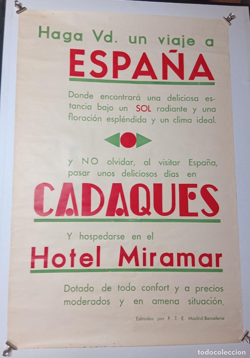 Carteles publicitarios: Cartel publicidad turismo en Espa&ntilde;a, Cadaques y el Hotel Miramar- Tipografia art deco. A&ntilde;os 30