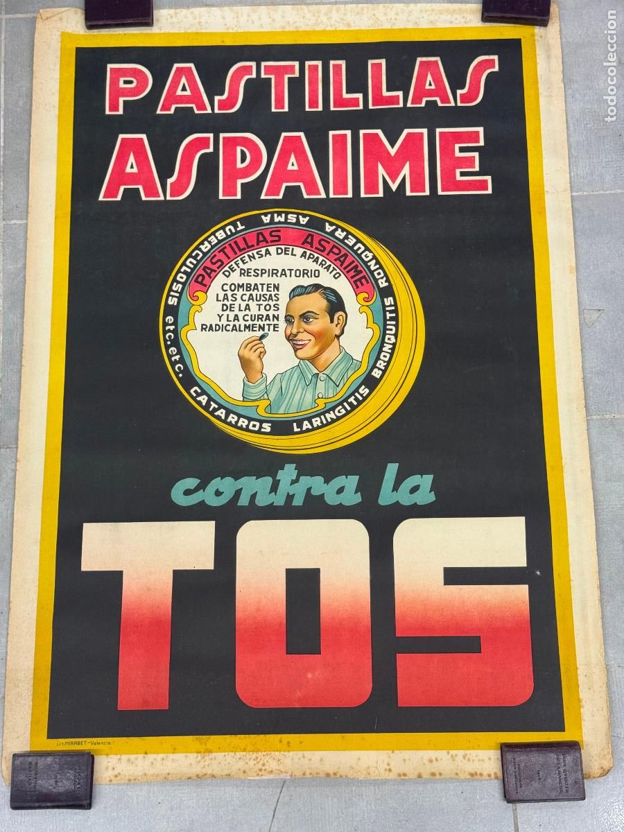 Carteles publicitarios: PASTILLAS ASPAIME CONTRA LA TOS - CARTEL ANTIGUO - LIT.MIRABET , VALENCIA -VER FOTOS