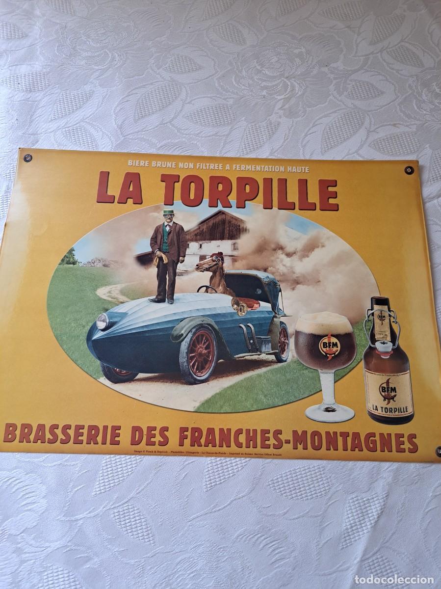 Carteles publicitarios: Cartel publicitario de cerveza La Torpille Brasserie des Franches-Montagnes,carton,1&ordf; mitad siglo xx