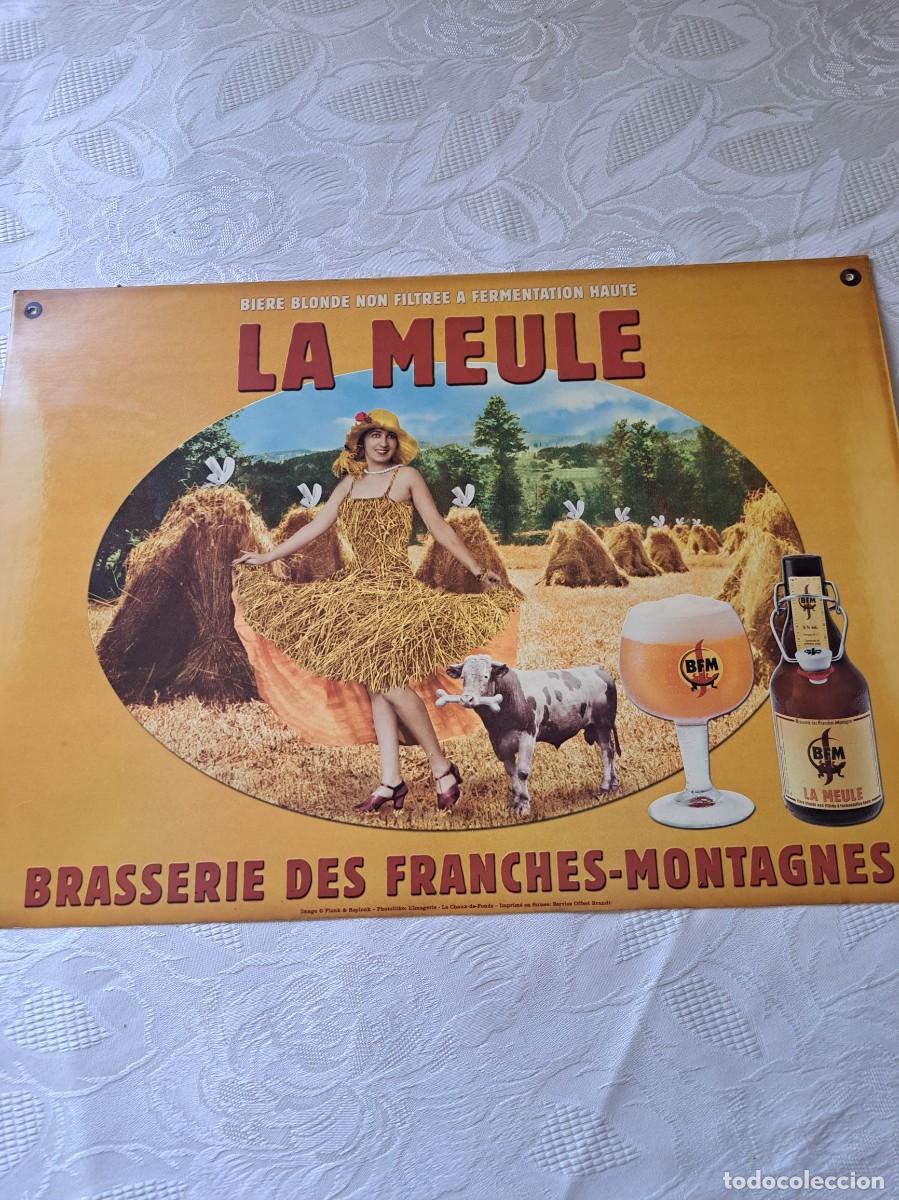 Carteles publicitarios: Cartel publicitario de cerveza La Meule, Brasserie des Franches-Montagnes,carton,1&ordf; mitad siglo xx