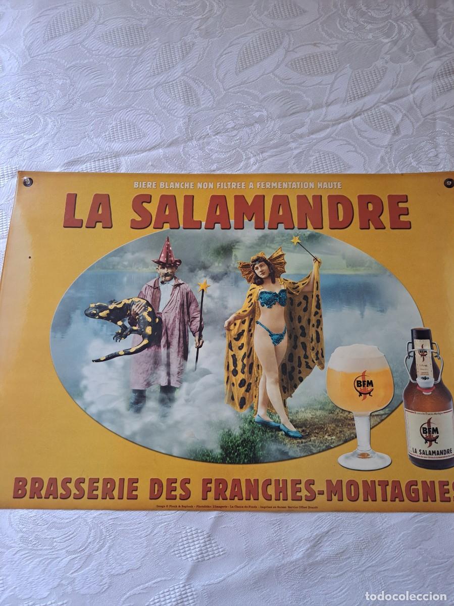 Carteles publicitarios: Cartel publicitario de cerveza La Salamandre, Brasserie des Franches-Montagnes,1&ordf; mitad siglo xx