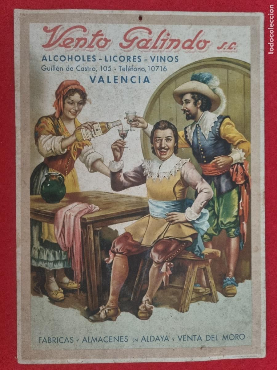 Carteles publicitarios: CARTEL PUBLICIDAD LICORES VINOS VENTO GALINDO ALDAYA Y VENTA DEL MORO VALENCIA ORIGINAL ANTIGU0 2&ordm;