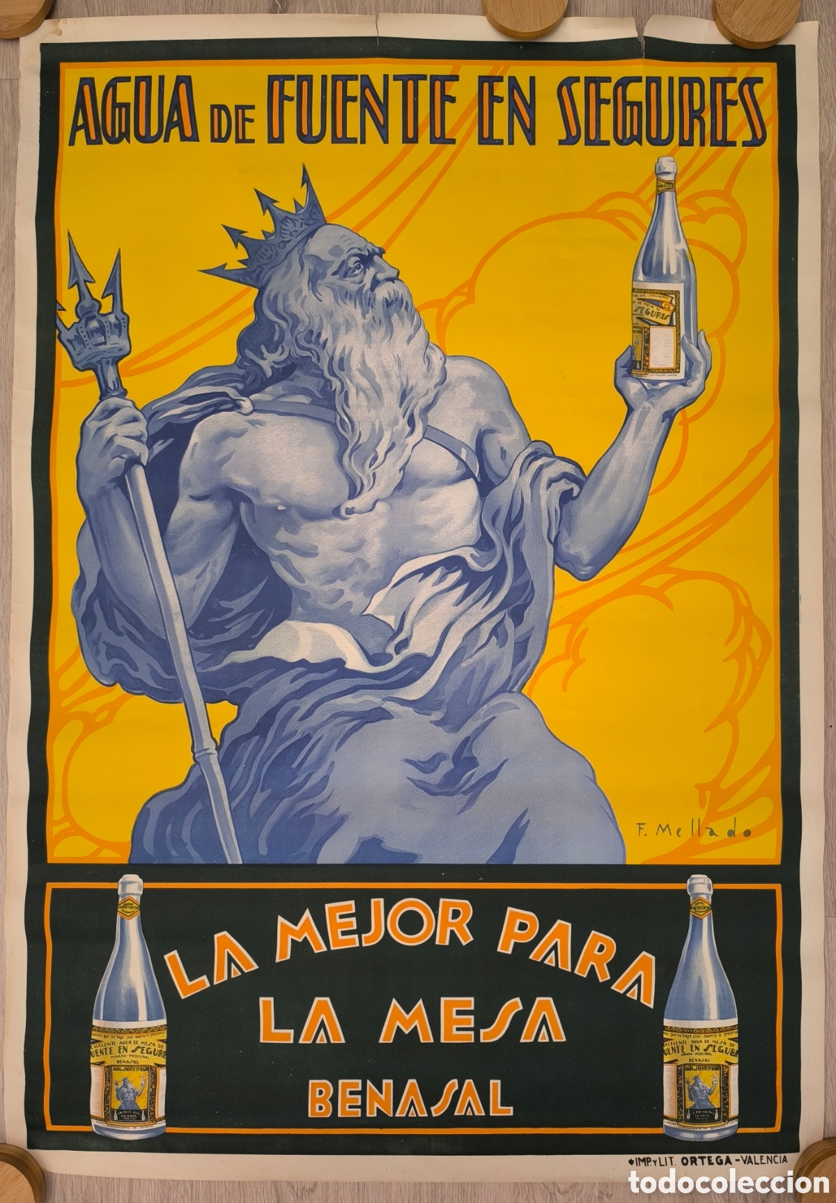 Carteles publicitarios: CARTEL PUBLICIDAD AGUA DE FUENTE EN SEGURES BENASAL CASTELLON F. MELLADO A&Ntilde;OS 30 40 LITOGRAFIA CPU3