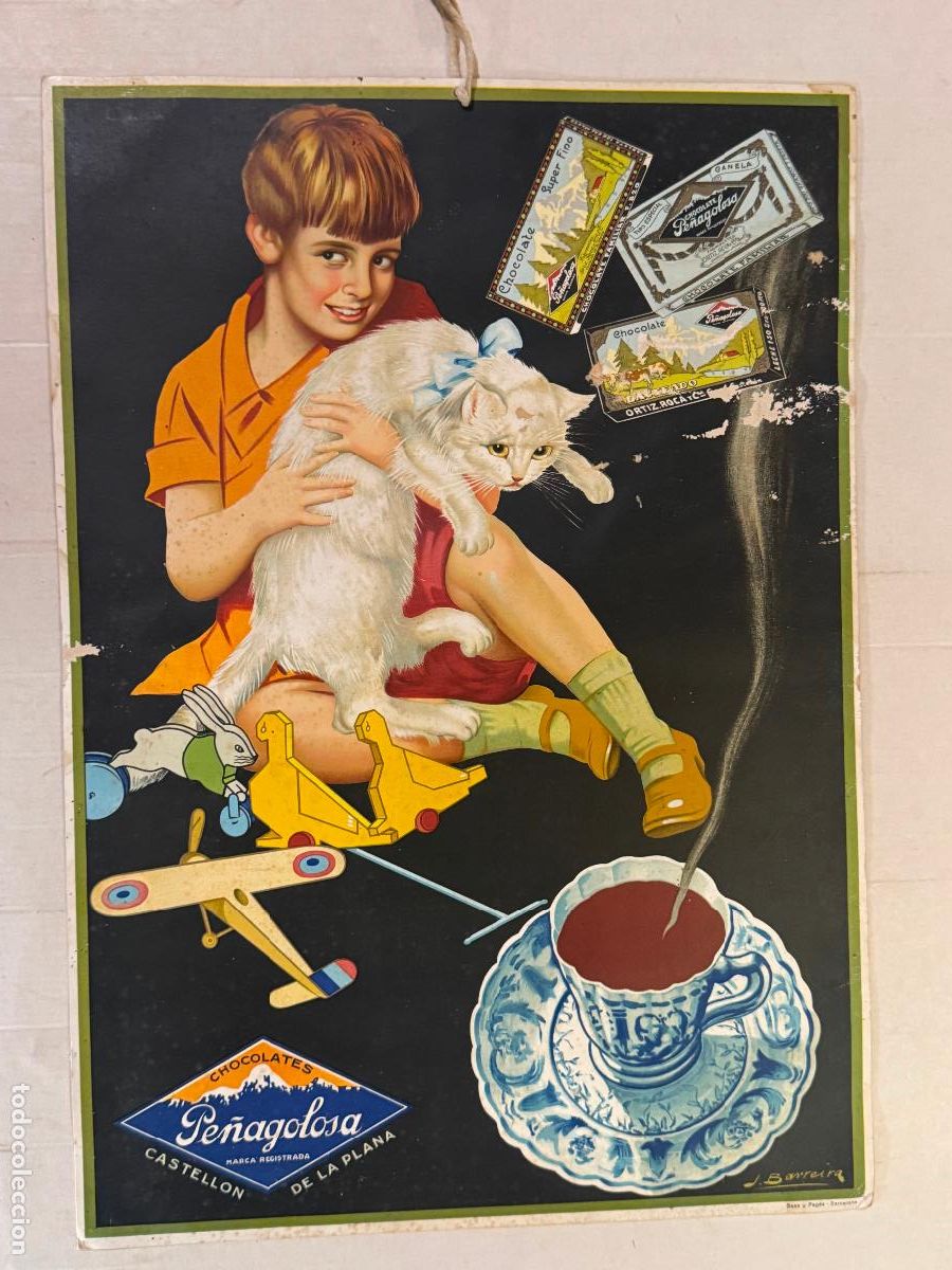 Carteles publicitarios: CHOCOLATES PE&Ntilde;AGOLOSA - CASTELLON DE LA PLANA - EL NI&Ntilde;O Y EL GATO - CARTEL ANTIGUO - PUBLICIDAD