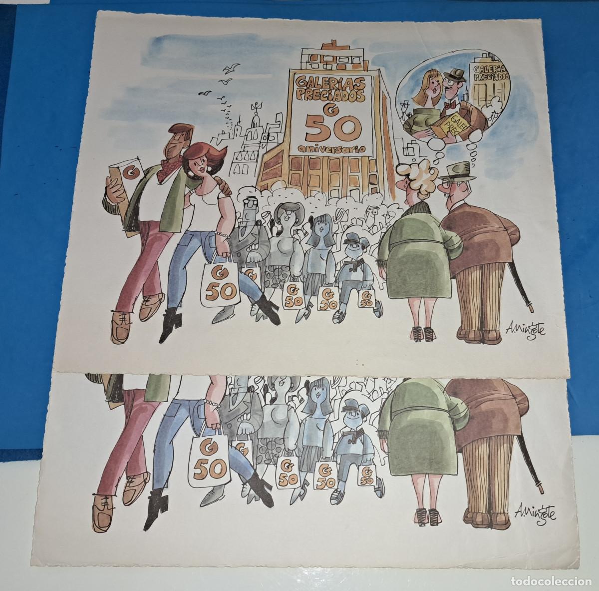 Carteles publicitarios: 50 ANIVERSARIO DE GALERIAS PRECIADOS - 2 CARTELES DE MINGOTE - TAMA&Ntilde;O 41 x 34 cms.