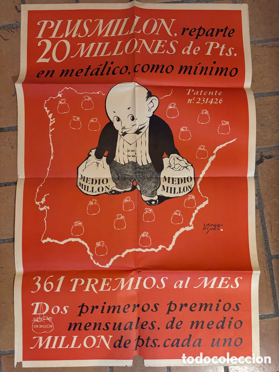 Carteles publicitarios: . Cartel p&oacute;ster plus mill&oacute;n reparte 20 millones de pesetas 1958.