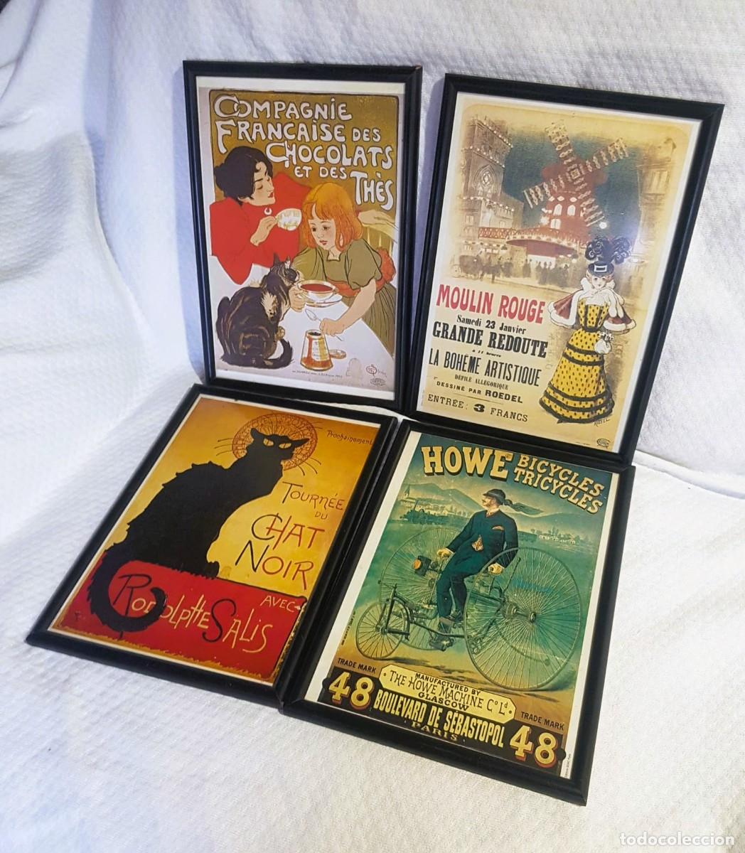 Carteles publicitarios: LOTE 4 CARTELES PUBLICITARIOS SELLADOS Y ENMARCADOS VINTAGE FRANCIA 35,5X25,5 CM