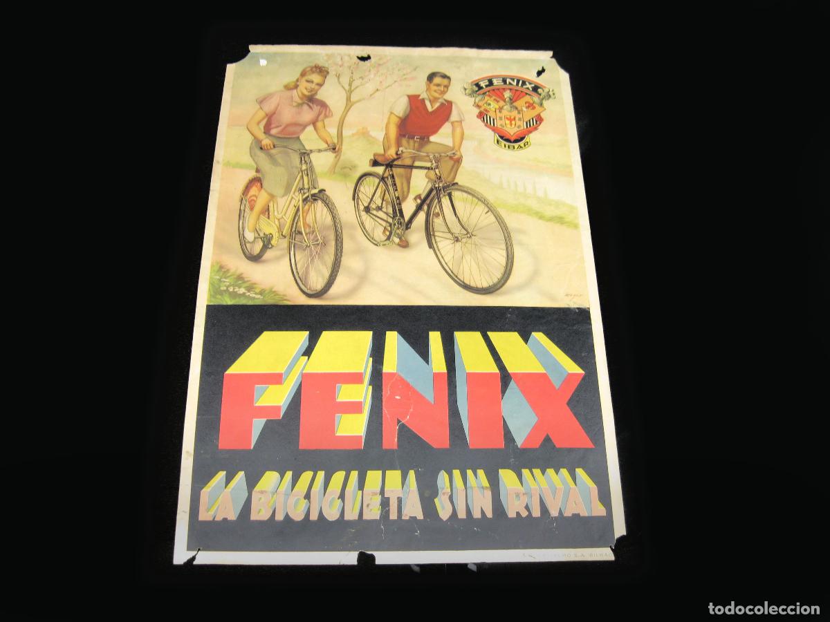 Carteles publicitarios: ANTIGUO CARTEL PUBLICITARIO DE BICICLETAS FENIX. LA BICICLETA SIN RIVAL. GRIJELMO. BILBAO. A&Ntilde;OS 50