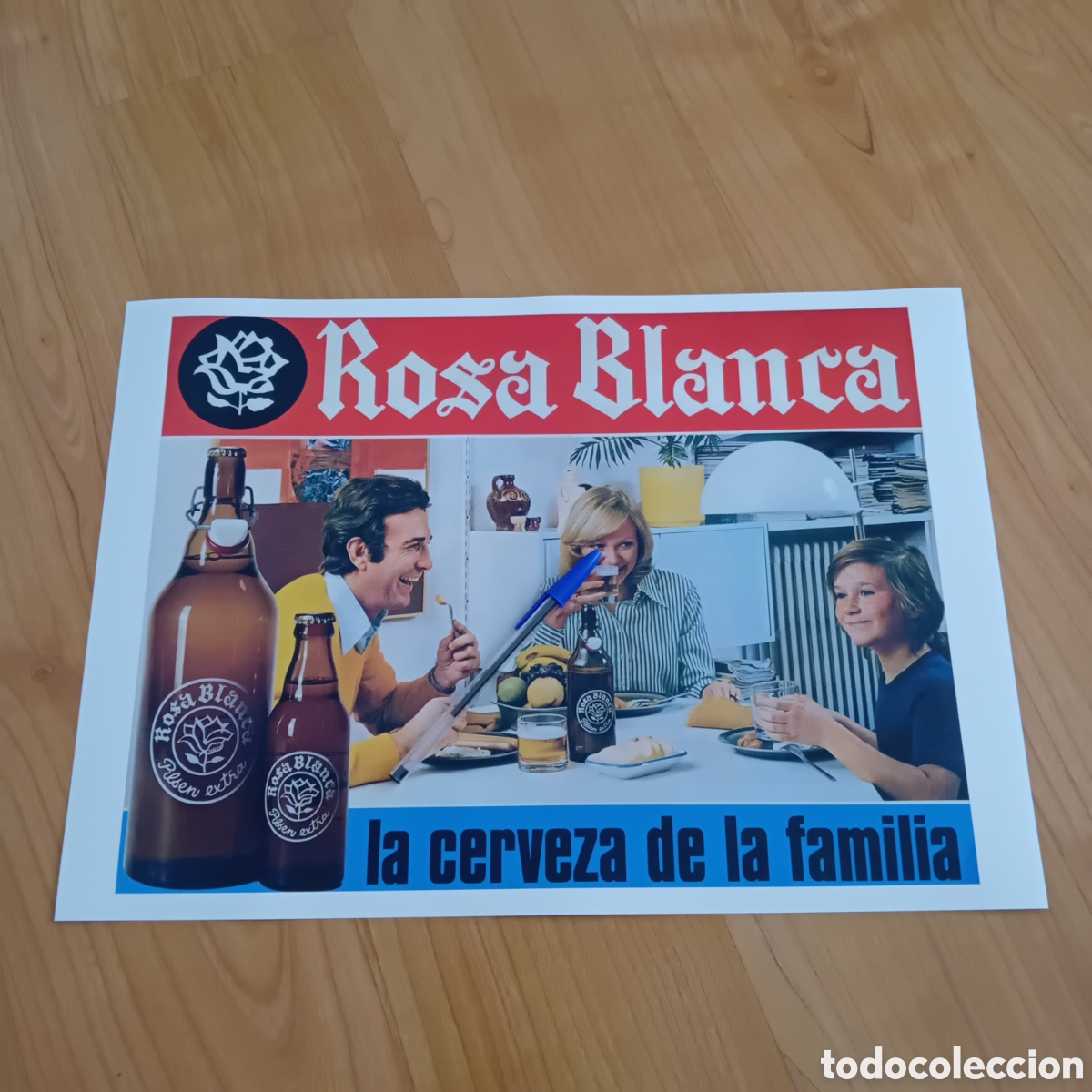 Carteles publicitarios: L&Aacute;MINA REPRODUCCI&Oacute;N ACTUAL CARTEL CERVEZA ROSA BLANCA. MALLORCA. BALEARES. A&Ntilde;OS 70