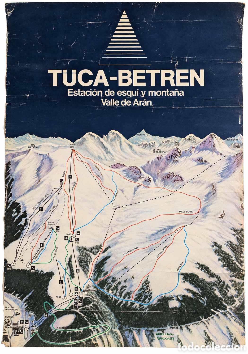 Carteles publicitarios: Cartel plano esqu&iacute; Tuca-Betren Valle de Ar&aacute;n 1977 R. Roca Boden Studio Tangram 69x49 cm