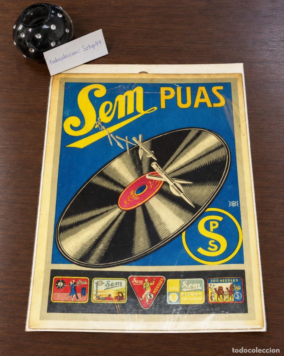 Carteles publicitarios: Antiguo Cartel Publicitario Gram&oacute;fono Sem P&uacute;as - Agujas PSS - M&uacute;sica Art D&eacute;co