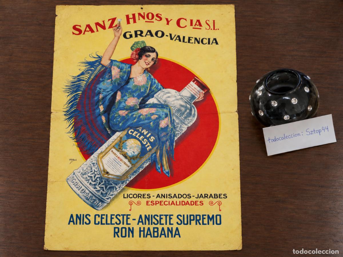Carteles publicitarios: Antiguo Cartel Publicitario c. 1930 - Anis Celeste - Sanz Hnos y C&iacute;a - Grao Valencia