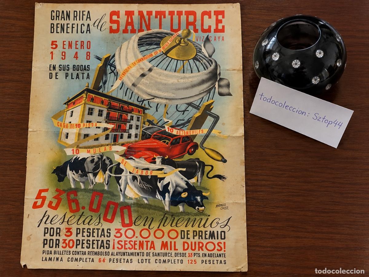 Carteles publicitarios: Antiguo Cartel Litogr&aacute;fico Gran Rifa Ben&eacute;fica de Santurce 1948 - Nicol&aacute;s Mart&iacute;nez Ortiz - Vizcaya