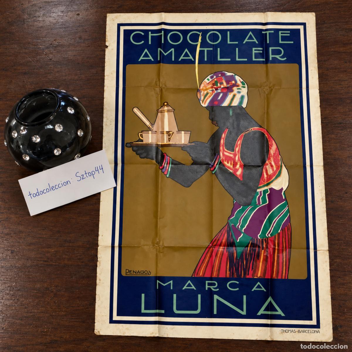 Carteles publicitarios: Cartel Original Barcelona A&ntilde;os 1920 &ndash; Chocolate Amatller Marca Luna &ndash; Publicidad Art D&eacute;co &ndash; Denagos
