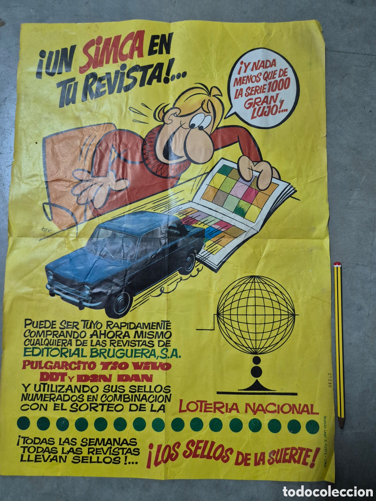 Carteles publicitarios: CARTEL DE KIOSKO BRUGUERA PULGARCITO TIO VIVO DDT DIN DAN MORTADELO SIMCA 1000 1968 borges blanques