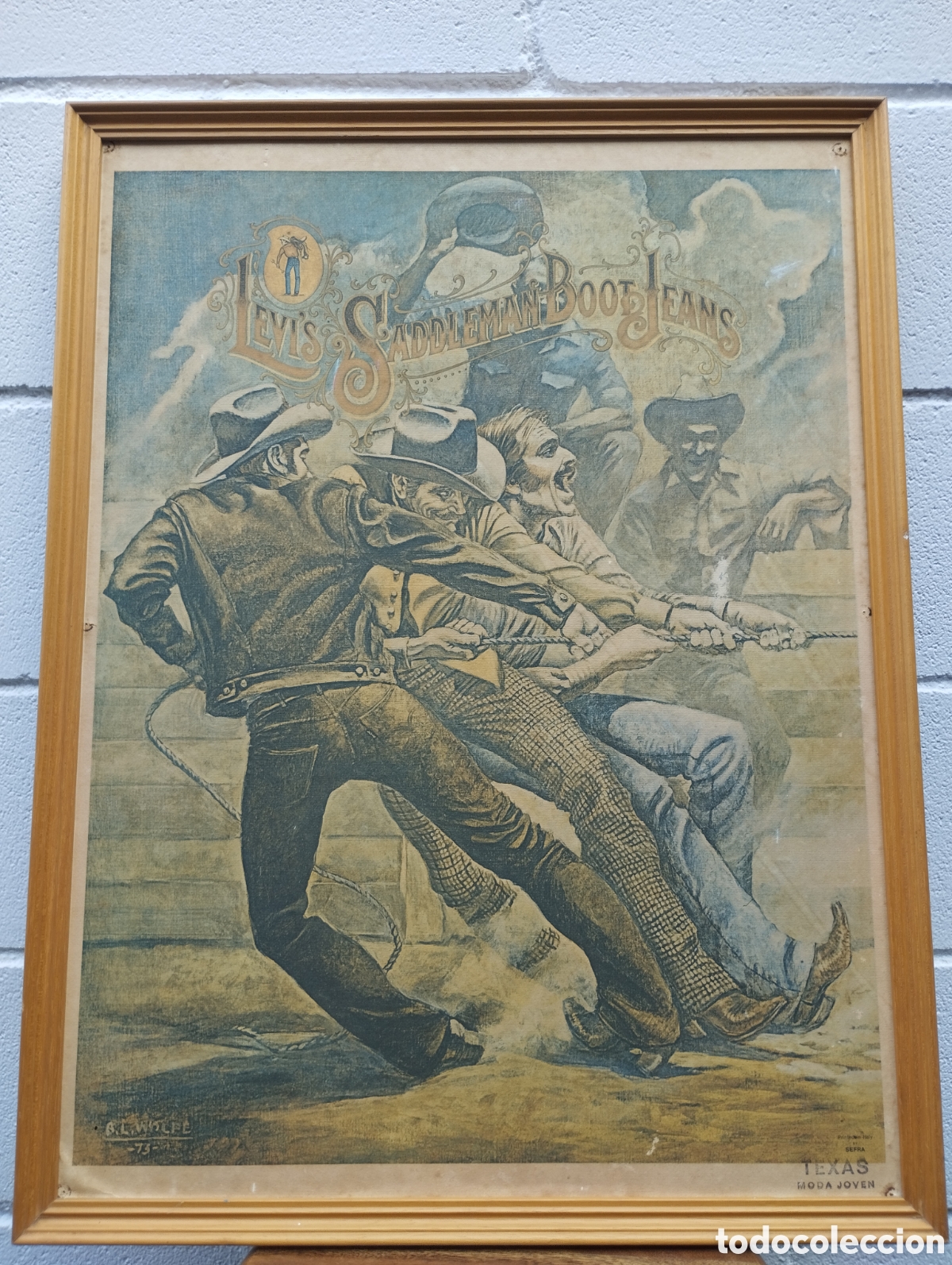 Carteles publicitarios: P&oacute;ster publicitario vintage Levi's &rdquo;Saddleman Boot Jeans&rdquo; (1973). Ilustraci&oacute;n original de B. L. Wolf