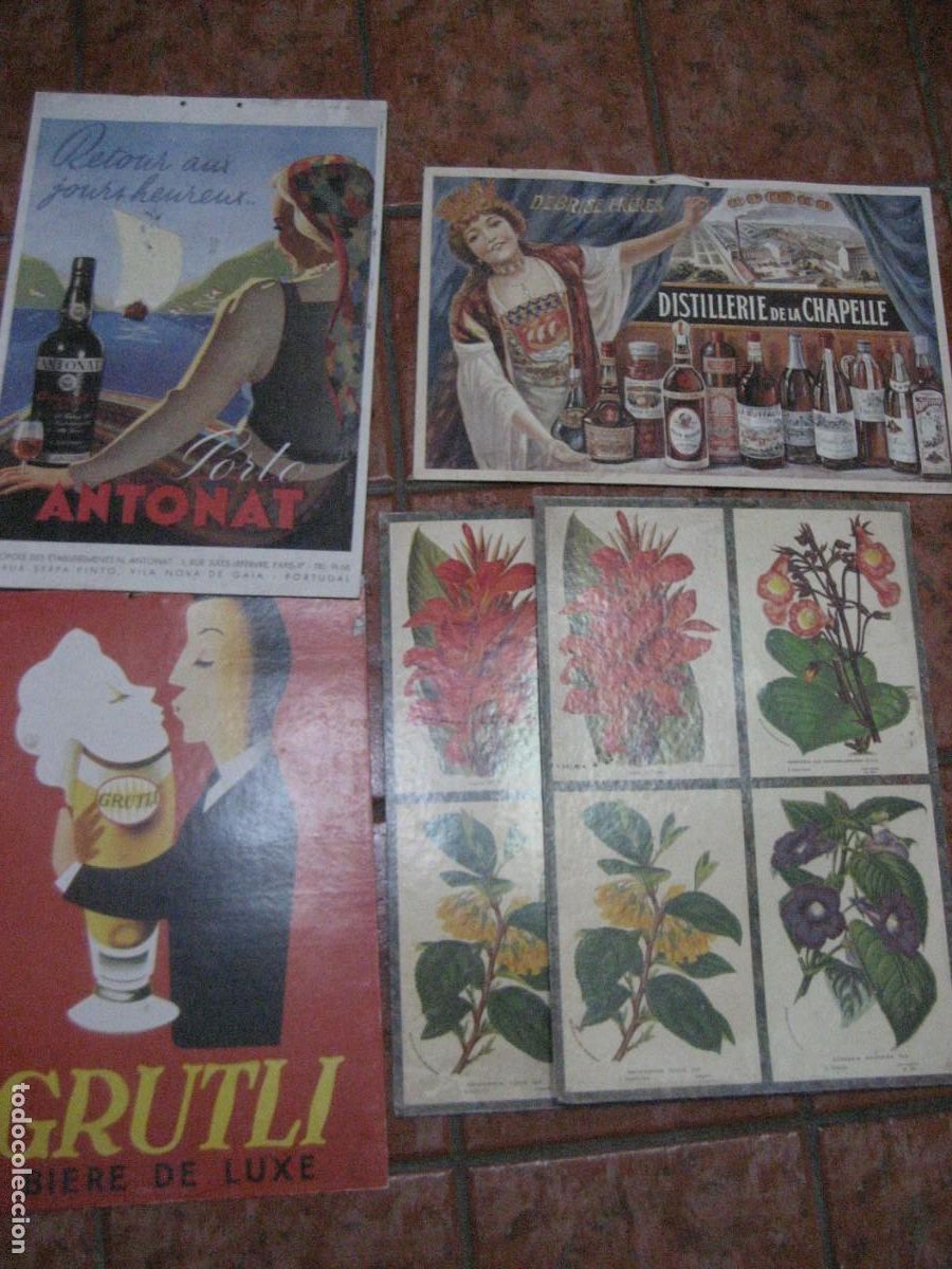 Advertising Posters: lote 5 cartel cart&oacute;n duro distillerie Chapelle Biere Grutli cerveza Porto Antonat , flores 55/37 cm