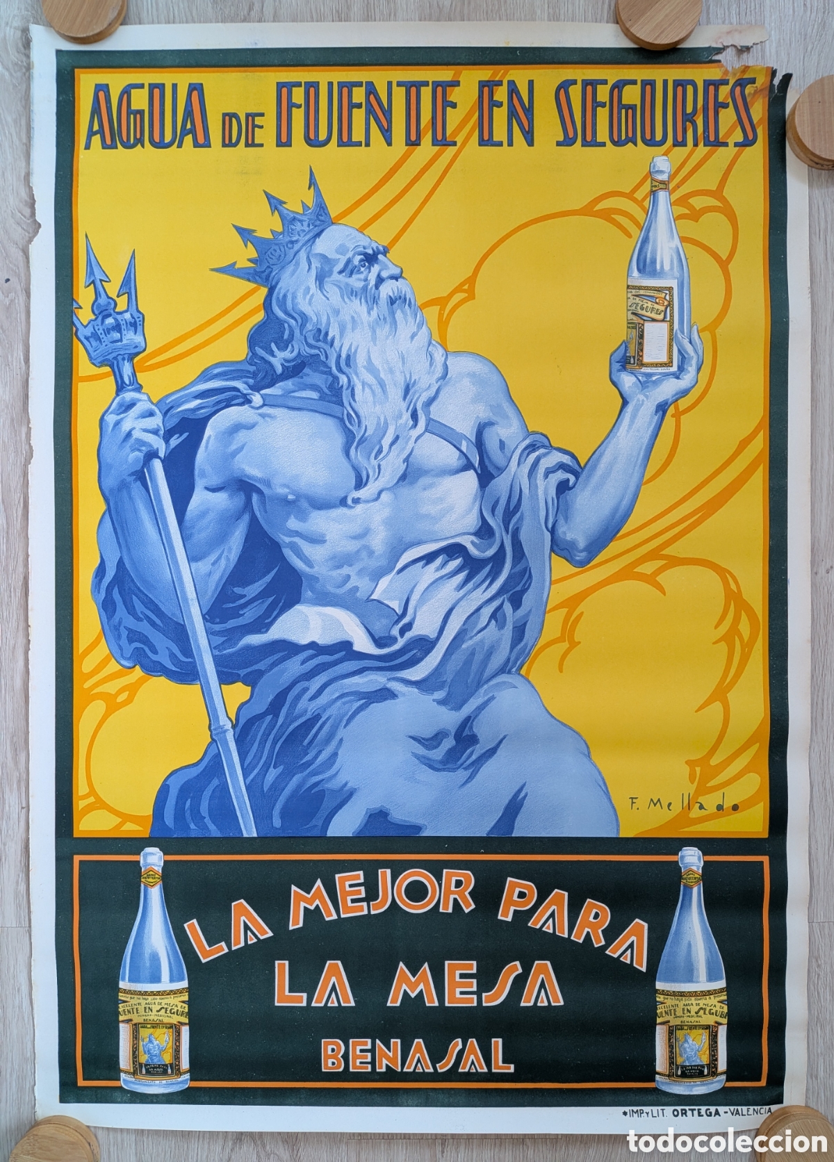 Carteles publicitarios: CARTEL PUBLICIDAD AGUA DE FUENTE EN SEGURES BENASAL CASTELLON F. MELLADO A&Ntilde;OS 30 40 LITOGRAFIA CPU3