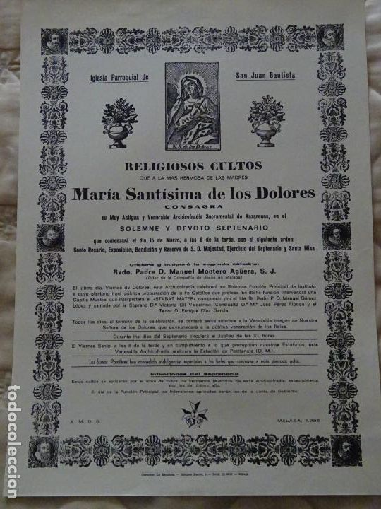 Cartazes da Semana Santa: POSTER CARTEL RELIGIOSO SEMANA SANTA M&Aacute;LAGA A&Ntilde;O 1986 ARCHICOFRAD&Iacute;A CRISTO REDENCI&Oacute;N DOLORES 42CM 169