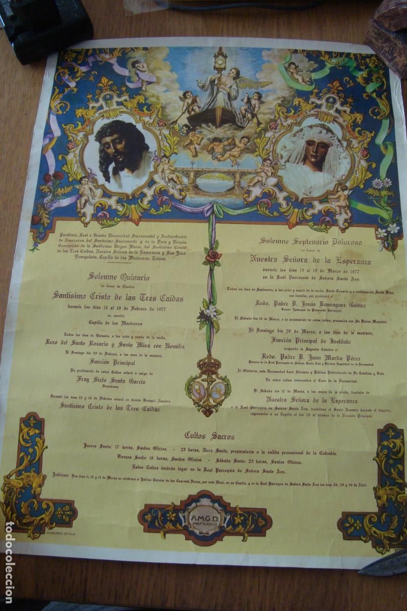 Carteles de Semana Santa: ANTIGUO CARTEL PROGRAMA CULTOS VIRGEN ESPERANZA TRIANA - CRISTO TRES CAIDAS. SANTA ANA TRIANA 1977