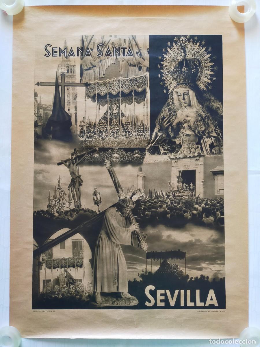 Carteles de Semana Santa: Cartel Original (70x50) SEMANA SANTA SEVILLA 1944 - Foto SERRANO - Huecograbado Fournier (Vitoria)
