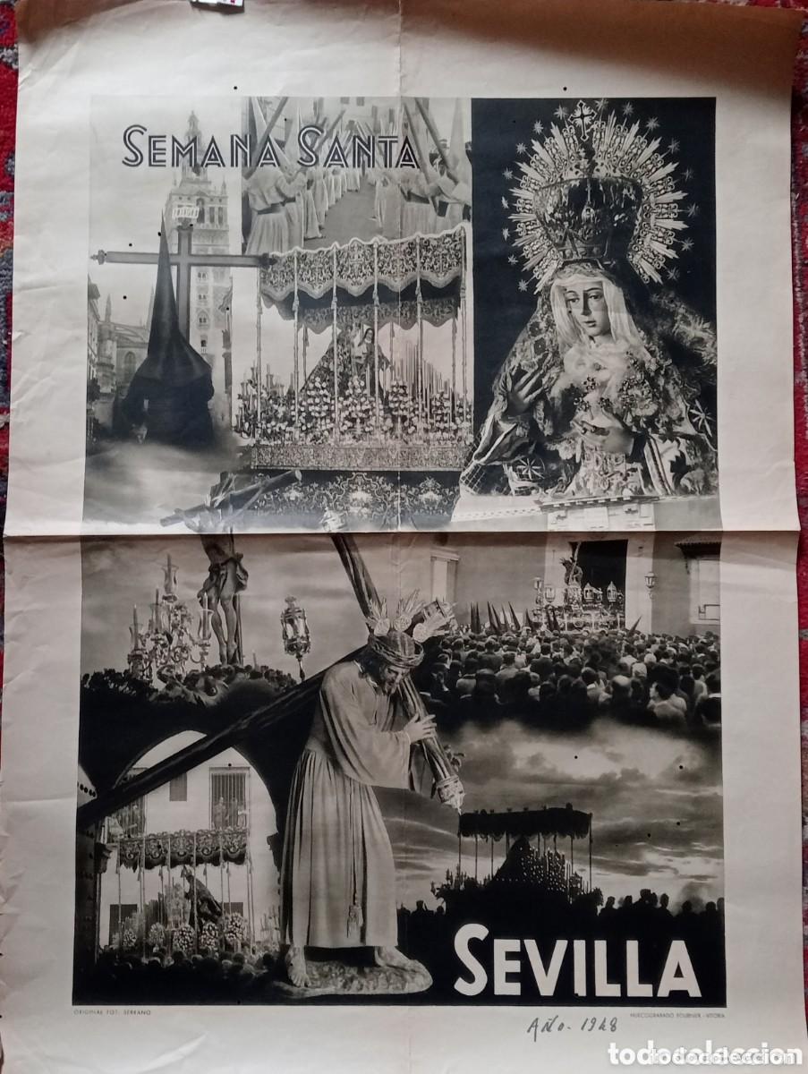 Carteles de Semana Santa: ANTIGUO CARTEL SEMANA SANTA SEVILLA A&Ntilde;O 1948. ORIGINAL FOTO SERRANO. HUECOGRABADO FOURNIER VITORIA