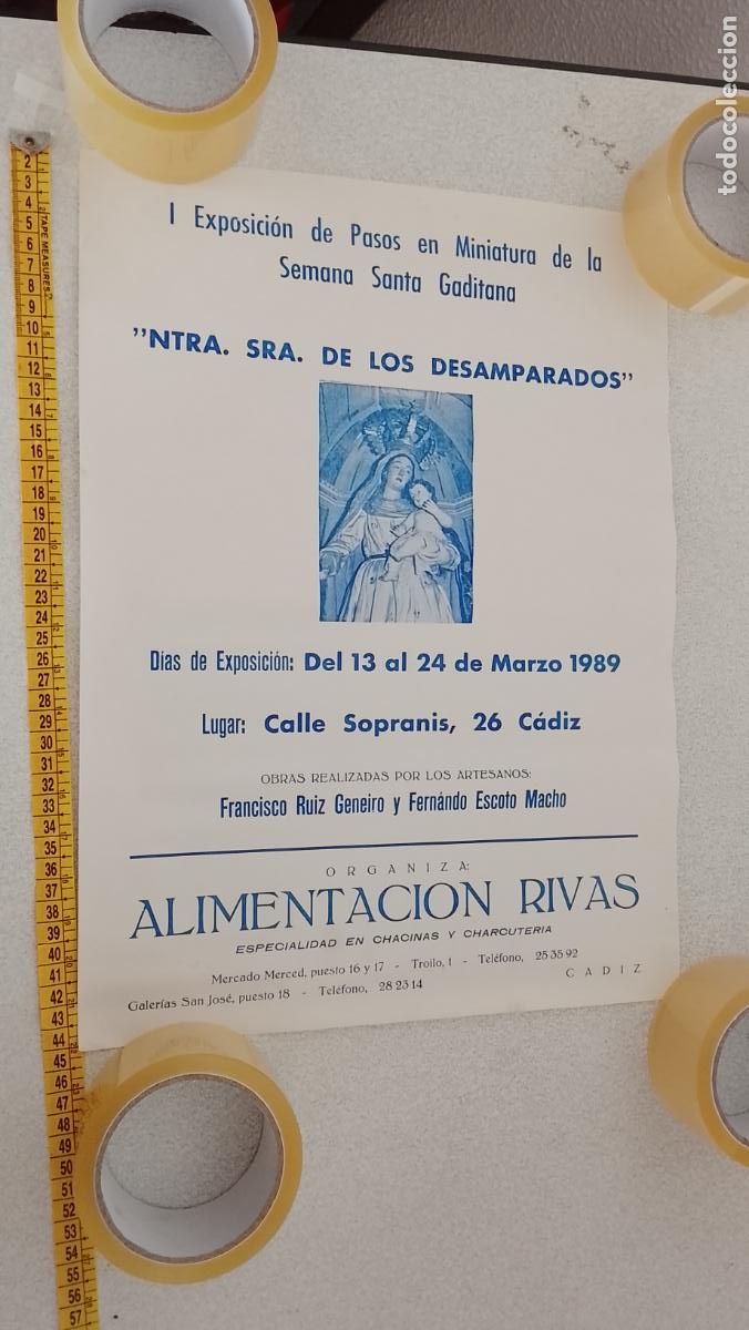 Carteles de Semana Santa: gran cartel cadiz COFRADIA VIRGEN DE LOS DESAMPARADOS PUBLICIDAD ALIMENTACION RIVAS 1989 EXPOSICION