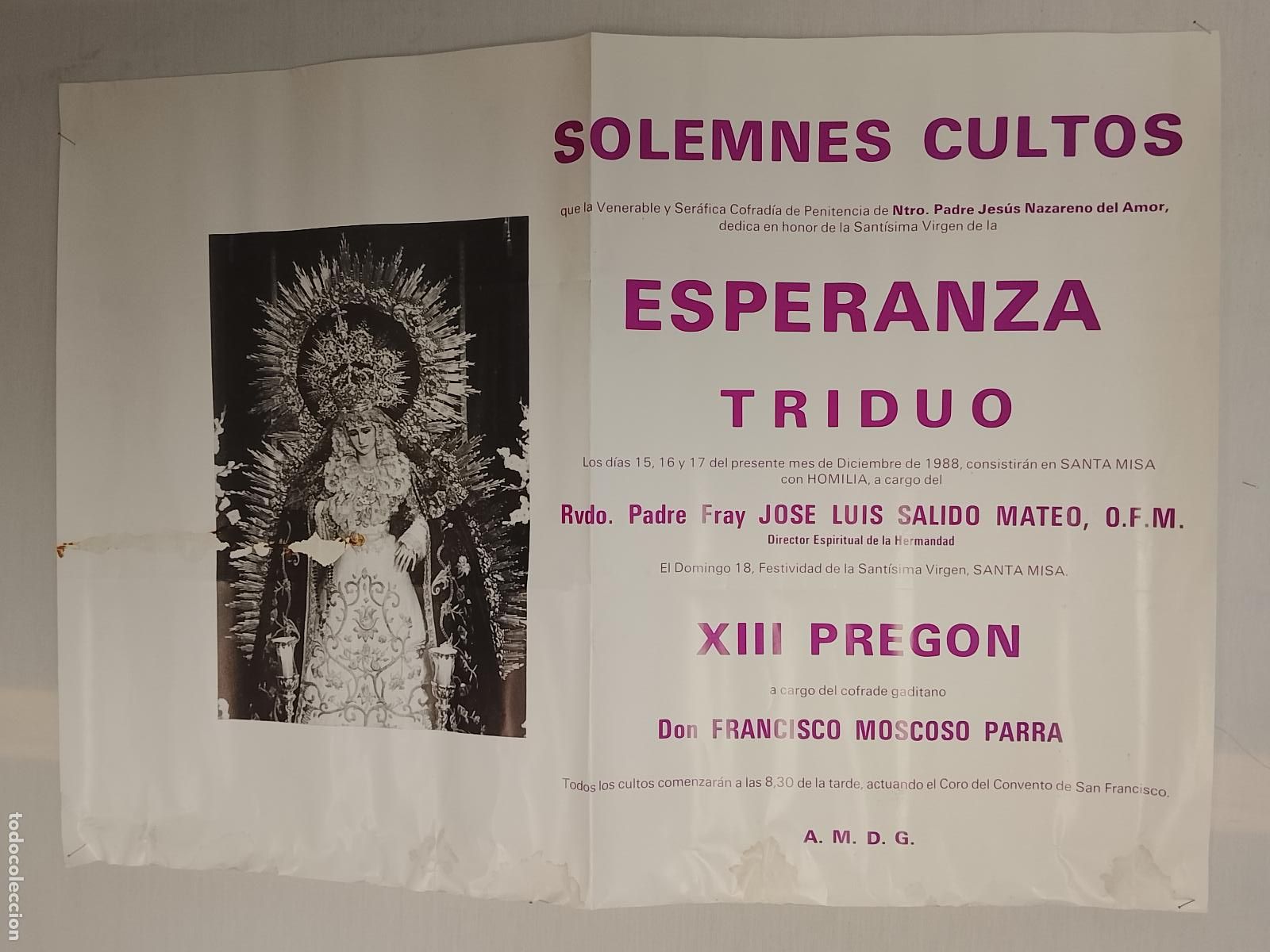 Carteles de Semana Santa: A-30 CARTEL SEMANA SANTA CADIZ 1988 TRIUDO VIRGEN DEL ESPERANZA DEL AMOR - PREGON