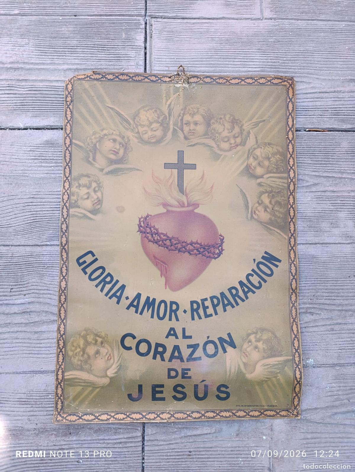 Carteles de Semana Santa: Antiguo Cartel Litografiado Gloria Amor Reparaci&oacute;n AL CORAZ&Oacute;N DE JESUS, A&Ntilde;OS 30s.