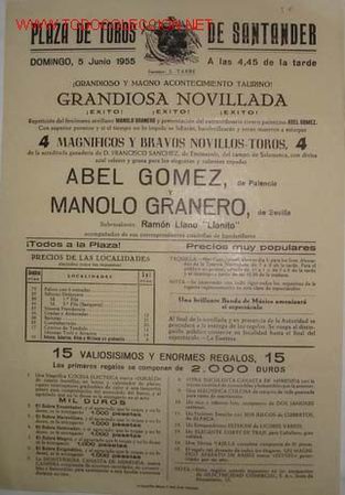 Affiches Tauromachie: CARTEL PLAZA DE TOROS DE SANTANDER, 5 junio 1955