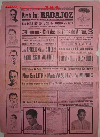 Cartazes Touros: CARTEL PLAZA DE TOROS DE BADAJOZ, 23,24, 25 junio 1957