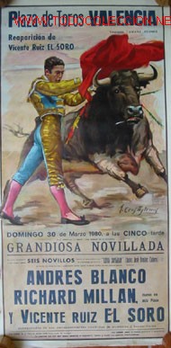 Bull Posters: CARTEL DE TOROS. NOVILLADA: BLANCO, MILL&Aacute;N Y EL SORO. GANADER&Iacute;A LORA-SANGR&Aacute;N
