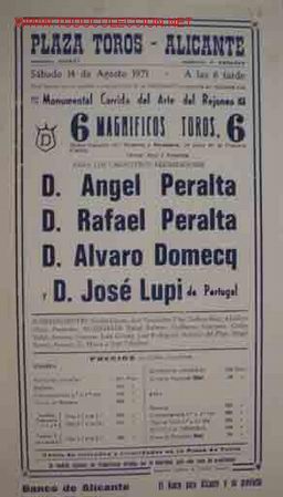 Plakate Stiere: CARTEL PLAZA DE TOROS DE ALICANTE 14 agosto 1971