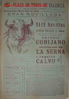 Cartazes Touros: CARTEL PLAZA DE TOROS DE VALENCIA, 19 Abril 1959