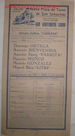 Carteles Toros: CARTEL PLAZA DE TOROS NUEVA DE SAN SEBASTIAN, 19 agosto 1952