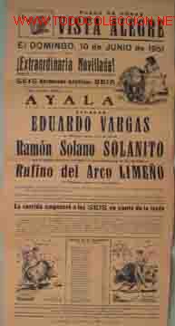 Carteles Toros: CARTEL PLAZA DE TOROS DE VISTA - ALEGRE, 10 de junio 1951