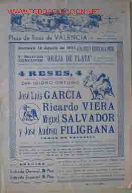 Bull Posters: CARTEL PLAZA DE TOROS DE VALENCIA, 19 Agosto 1951