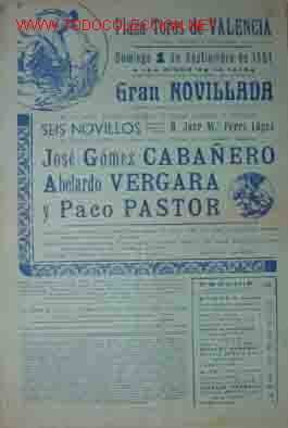 Bull Posters: CARTEL PLAZA DE TOROS DE VALENCIA, 1 Septiembre de 1957