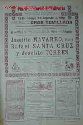 Carteles Toros: CARTEL PLAZA DE TOROS DE VALENCIA, 26 Agosto 1951