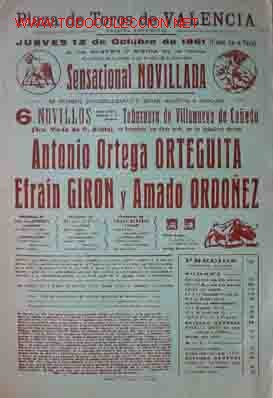 Carteles Toros: CARTEL PLAZA DE TOROS DE VALENCIA 12 Octubre de 1961
