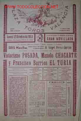 Cartazes Touros: CARTEL PLAZA DE TOROS DE VALENCIA, 12 Octubre 1953