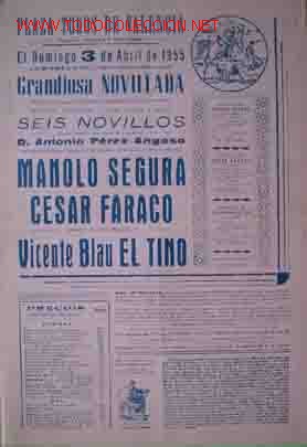 Carteles Toros: CARTEL PLAZA DE TOROS DE VALENCIA, 3 Abril de 1955