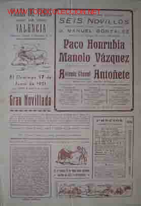 Carteles Toros: CARTEL PLAZA DE TOROS DE VALENCIA, 17 Junio de 1951