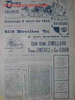 Carteles Toros: CARTEL PLAZA DE TOROS DE VALENCIA, 6 Abril 1952