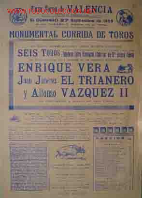 Carteles Toros: CARTEL PLAZA DE TOROS DE VALENCIA 27 Septiembre 1959