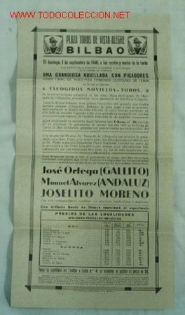 Carteles Toros: PLAZA TOROS BILBAO. A&Ntilde;O 1940