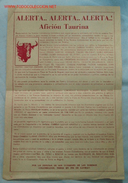 Cartazes Touros: CARTEL PROTESTA TOREROS COLOMBIANOS